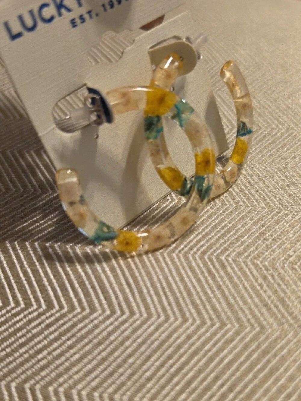 Lucky Brand Clear Hoop Earrings with Yellow and Teal Floral Inlay